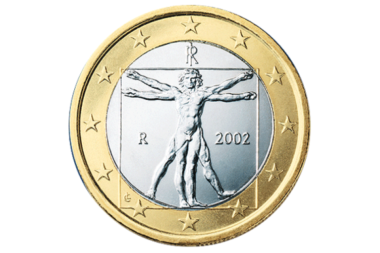 Rückseite einer italienischen Euro-Münze mit dem vitruvianischen Menschen von Leonardo da Vinci