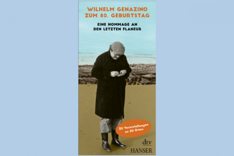Cover des Booklet mit Veranstaltungen zum Genazino-Geburtstag: Wilhelm Genazino mit Mantel am Meer
