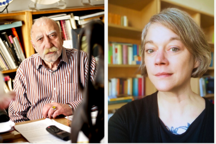 Collage: Aras Ören sitzend vor Büchern und Selfie von Nancy Hünger vor Buchregal  