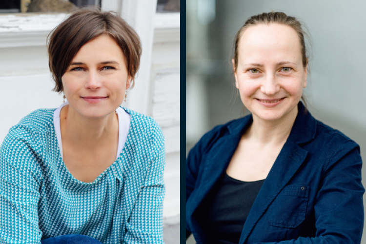 Collage: Porträtfotos Heike Nieder (links) und Sylvia Mucke in blauer Kleidung
