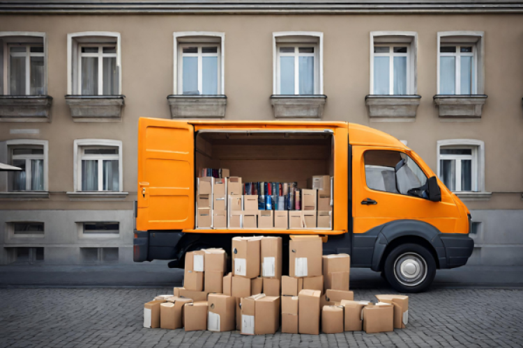 KI-generiertes Bild: Ein gelber Lieferwagen voller Bücher, davor auf der Straße viele Pakete
