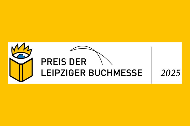 Logo preis der Leipziger Buchmesse 2025 auf gelbem Hintergrund